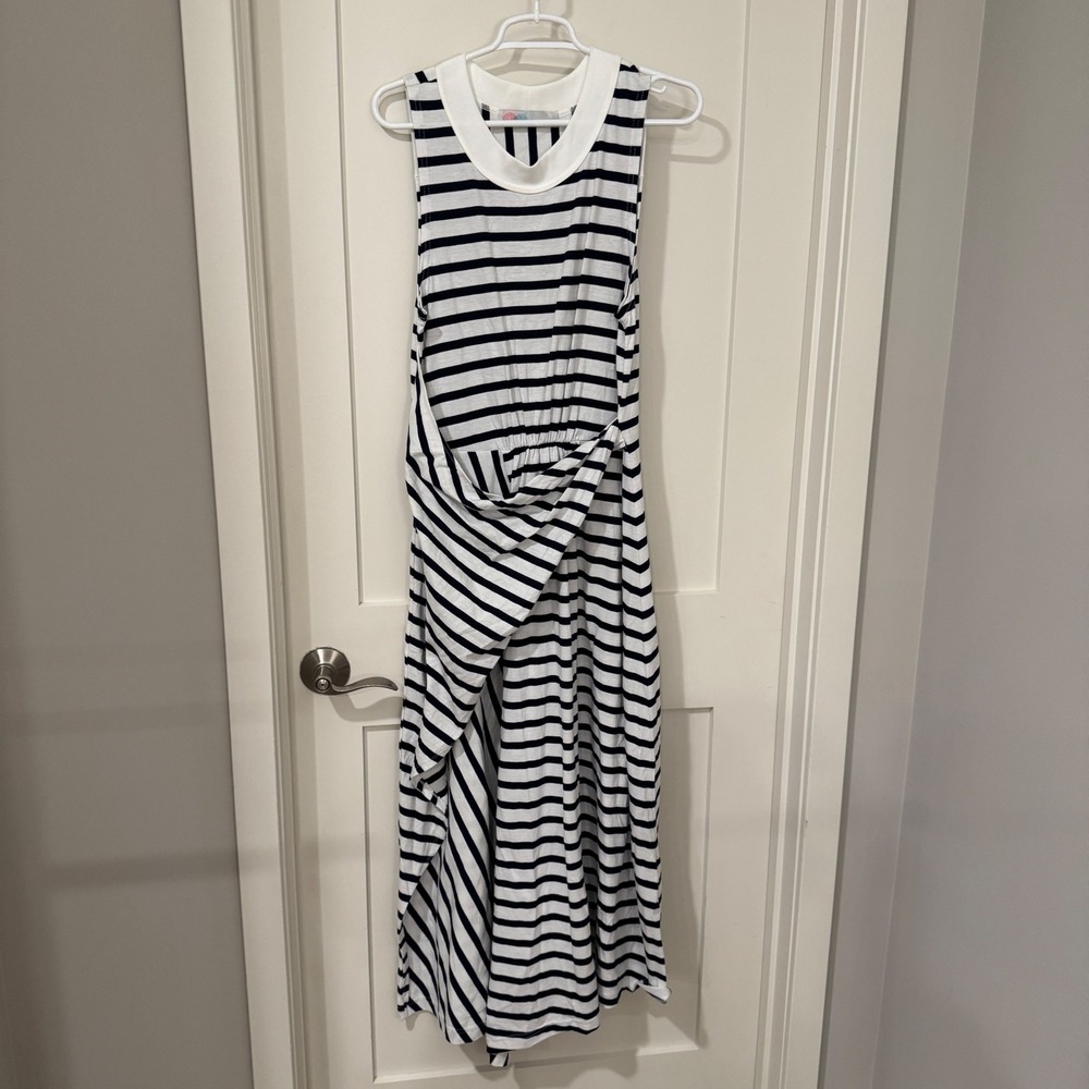 FP Beach Free People Navy White Striped Draped Front Maxi Dress Medium Cotton